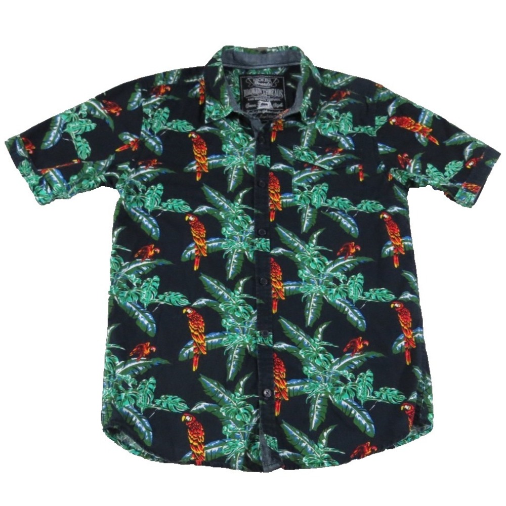 Broken Thread Boy L 14/16 Tropical Parrot Monstera Leaf Black Cotton Aloha Shirt